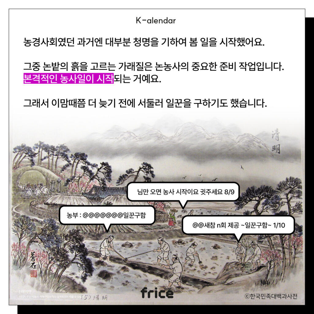 (농사하는 모습을 담은 조선풍속화를 배경으로 씀) (C)한국민족대백과사전
농경사회였던 과거엔 대부분 청명을 기하여 봄 일을 시작했어요.
그중 논밭의 흙을 고르는 가래질은 논농사의 중요한 준비 작업입니다.
본격적인 농사일이 시작되는 거예요.
그래서 이맘때쯤 더 늦기 전에 서둘러 일꾼을 구하기도 했습니다.